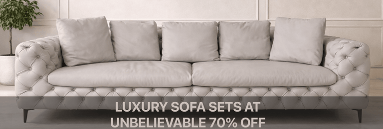 Luxury beige tufted leather sofa set with plush cushions in a modern minimalist living room.