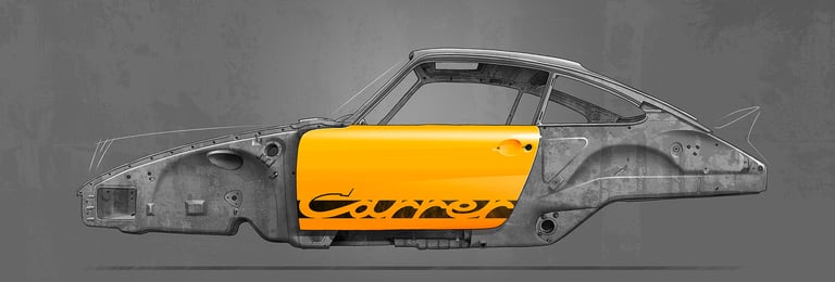 Porsche 911 Carrera RS 2.7 side bodyshell - drawing illustration dessin - Signal yellow - sunroof