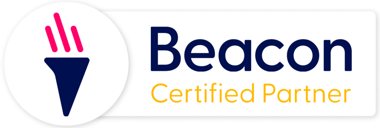 The Beacon logo. A symbol of a flaming torch in blue and red, with words Beacon Certified Partner