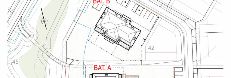 Plan de masse architectural d’un programme immobilier montrant l’implantation des bâtiments A et B, 