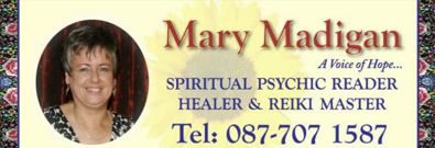 Mary Madigan logo showing words for spiritual psychic reader healer and reiki master