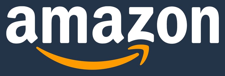 Official white Amazon logo with orange smile arrow icon on a dark blue background.