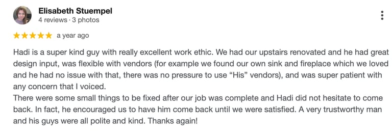 Five-star customer review for Hadi's home renovation and design services highlighting excellent work ethic.