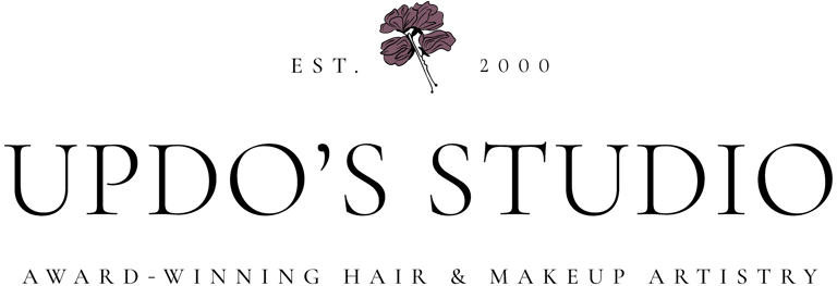 Updo’s Studio expanded logo with mauve floral emblem and extended wordmark, wedding hair and makeup brand.