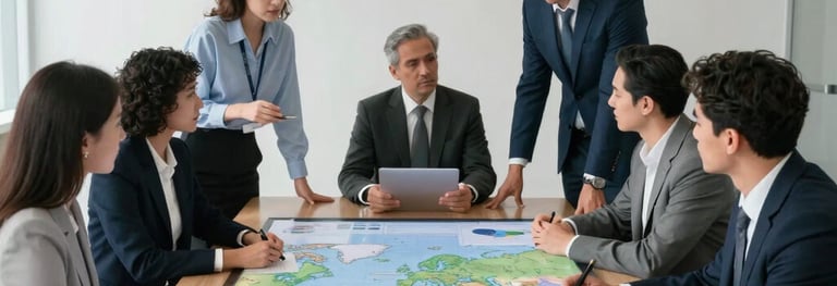 Business professionals collaborating on strategy and execution for market growth