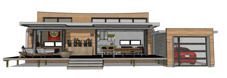 Single story, small, energy efficient 3D home viewed from the front.