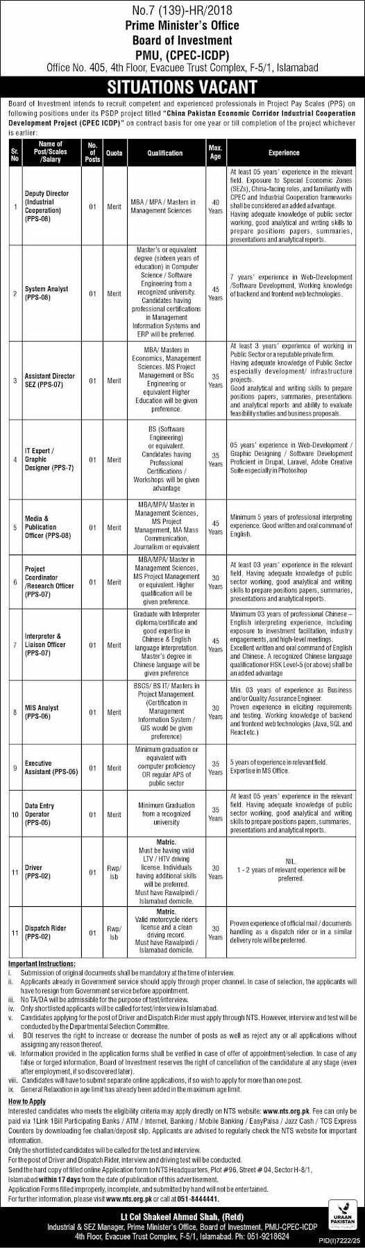 Prime Minister’s Office Board of Investment PMU CPEC-ICDP Jobs 2026 advertisement showing multiple P