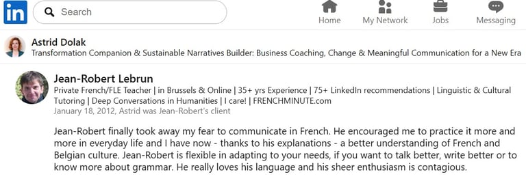 A. Dolak's testimonial on LinkedIn for J.-R. Lebrun French teacher in Brussels av. Couronne | bus 95