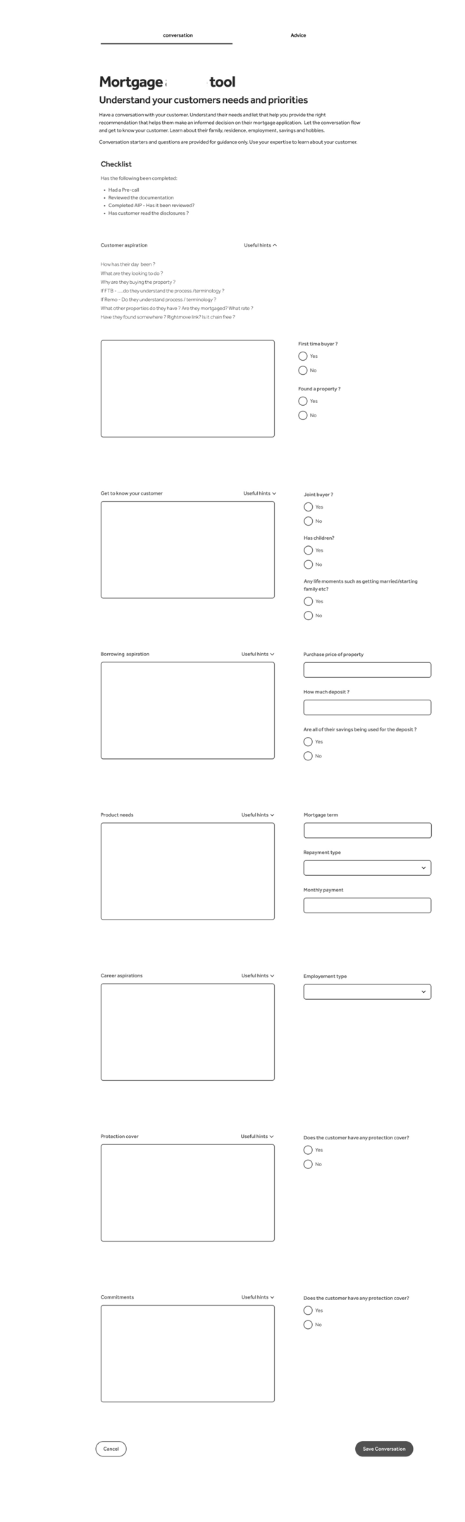Wireframe of a form with fields for the advisor to complete