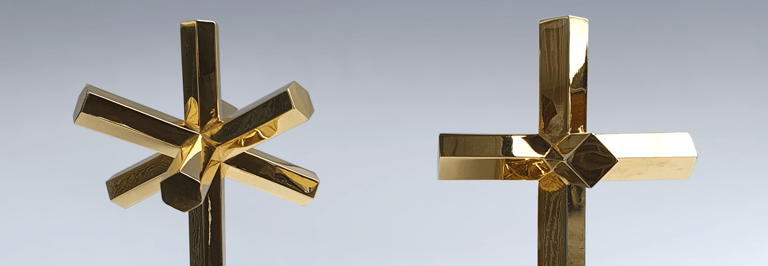 In Hoc Signo, the gilded, geometric bronze sculptures by Byrga Geniht