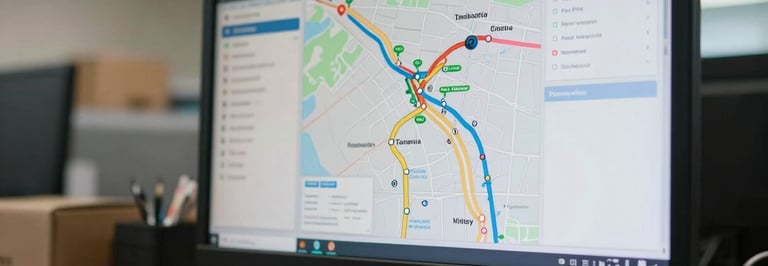 Close-up of a logistics dispatch screen showing route maps and delivery status data, fluorescent office lighting, a hand resting near a keyboard mid-entry, environment of a busy Tanzanian freight operation