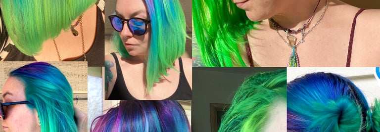 A few different examples of very vibrant hair dye projects by Illuma in turquoise, purple,neon green