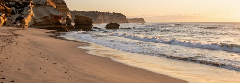 A serene sunrise over a calm ocean with warm ochre and terra tones reflecting the peaceful atmosphere of a boutique retreat.