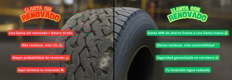 COMPARATIVA VISUAL DE UNA LLANTA CON PROS Y CONTRAS DE NO RENOVAR