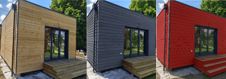 Before and after preview of natural exterior wood paint colors simulated on raw wood siding