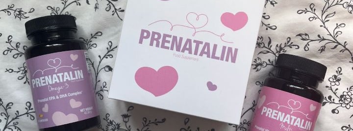 Prenatalin prenatal vitamins and Omega-3 DHA supplements box and bottles on a floral background.