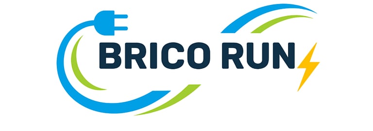 Brico Run electrical logo featuring a blue power plug, yellow lightning bolt, and green swoosh.