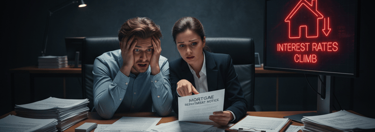 Two distressed people looking at a mortgage repayment notice as "INTEREST RATES CLIMB" glows