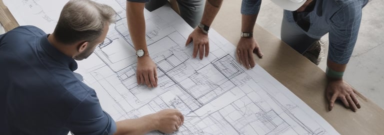 A construction worker reviewing blueprints at a renovation site.