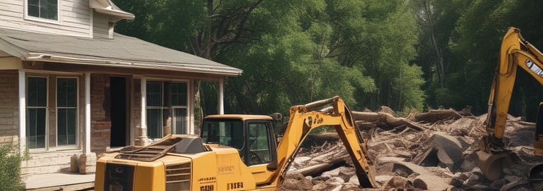 A construction worker reviewing blueprints at a renovation site.