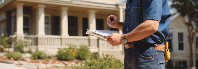 A construction worker reviewing blueprints at a renovation site.