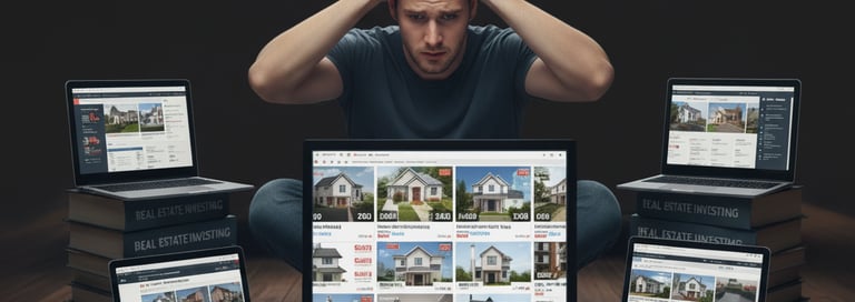 Frustrated investor surrounded by screens displaying real estate listings, overwhelmed by informatio
