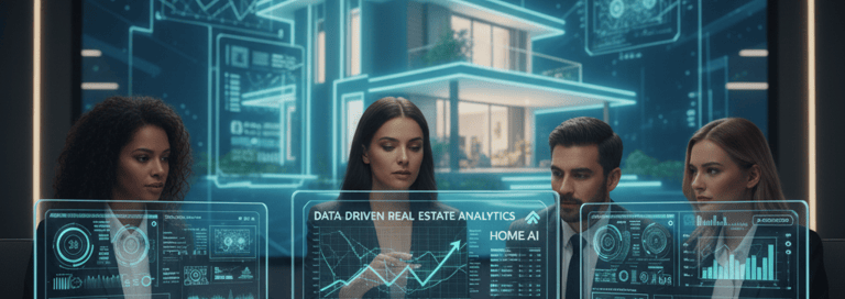 Professionals analyze data-driven real estate analytics on transparent screens in a futuristic setti