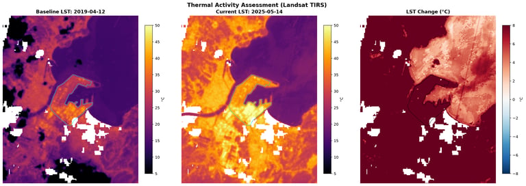 Thermal satellite comparison of POSCO Pohang steelworks showing persistent heat anomaly