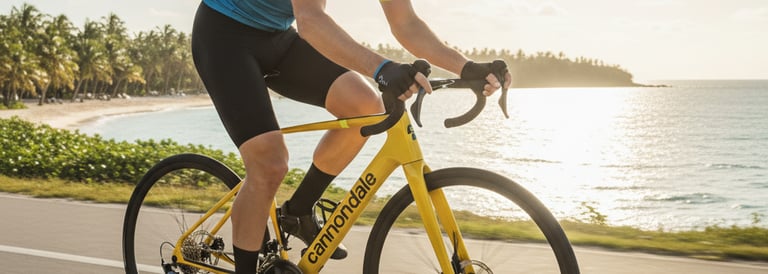 Cyclist riding a yellow Cannondale road bike on a coastal road at sunset.