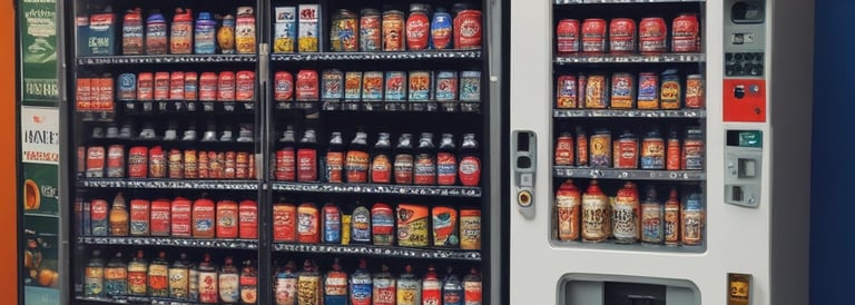A friendly vending machine in a cozy office corner with a steaming cup of coffee nearby.