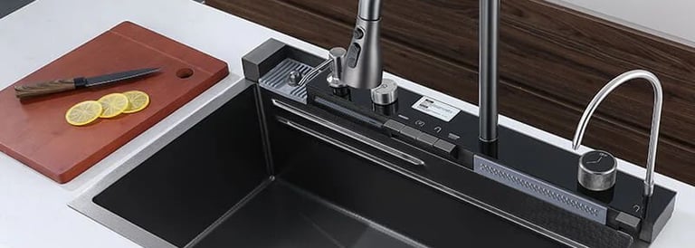 a kitchen sink and a cutting board