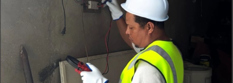 An electrician in a hard hat and safety vest uses a multimeter to test a wall power outlet.