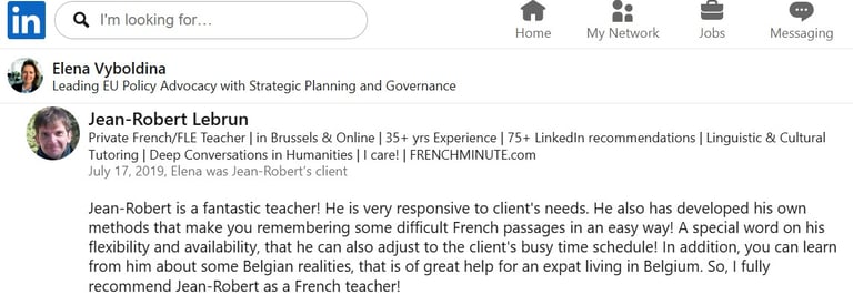 LinkedIn recommendation for Jean-Robert Lebrun, a private French & FLE teacher in Brussels.