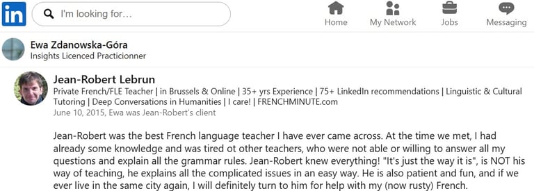 LinkedIn recommendation for Jean-Robert Lebrun, a private French language teacher in Brussels.
