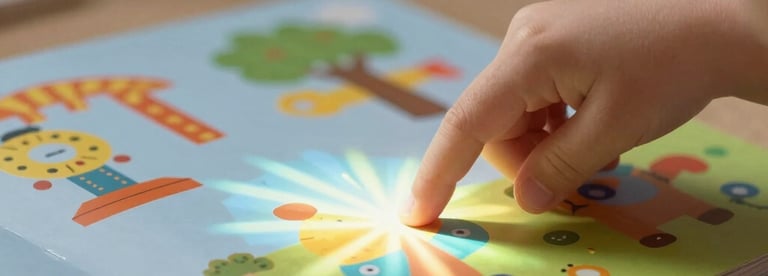 A child's hand touching a colorful interactive book that blends physical paper with light projections.