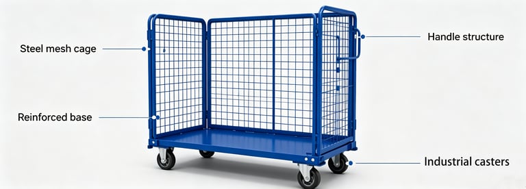 Blue industrial mesh cage trolley with reinforced base and heavy duty casters for warehouse logistics.