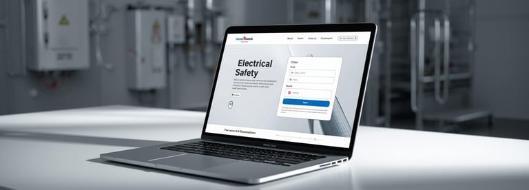 Laptop displaying an electrical safety compliance website in a modern industrial facility.
