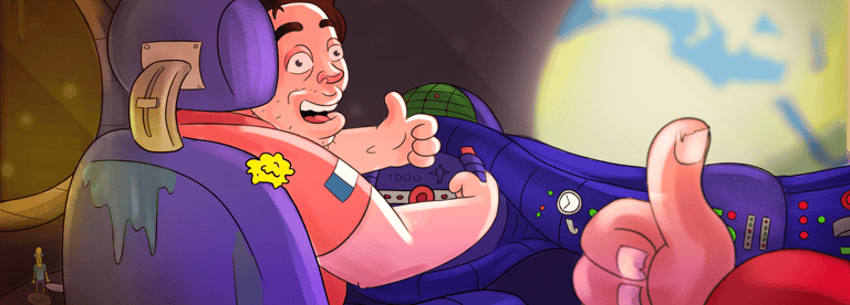 Cartoon astronaut giving a thumbs up in a spaceship cockpit with Earth visible through the window.