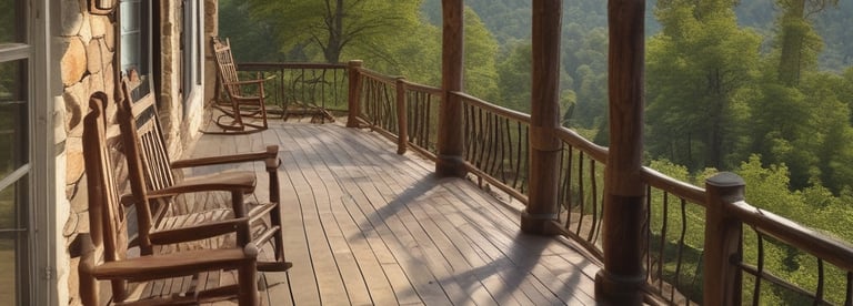 A calm front porch with a wooden rocking chair beside a mature tree, bathed in soft natural light.