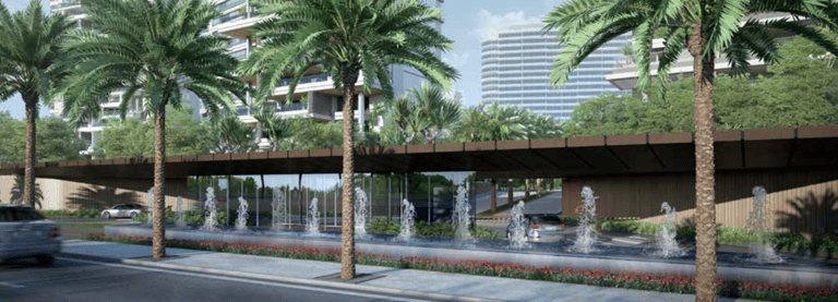 Portaria do Bairro Golden Lake com chafarizes e palmeiras em sua frente