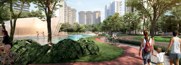 Pessoas passeando pelo bairro, ao fundo a praia privativa do bairro e o SPA Center