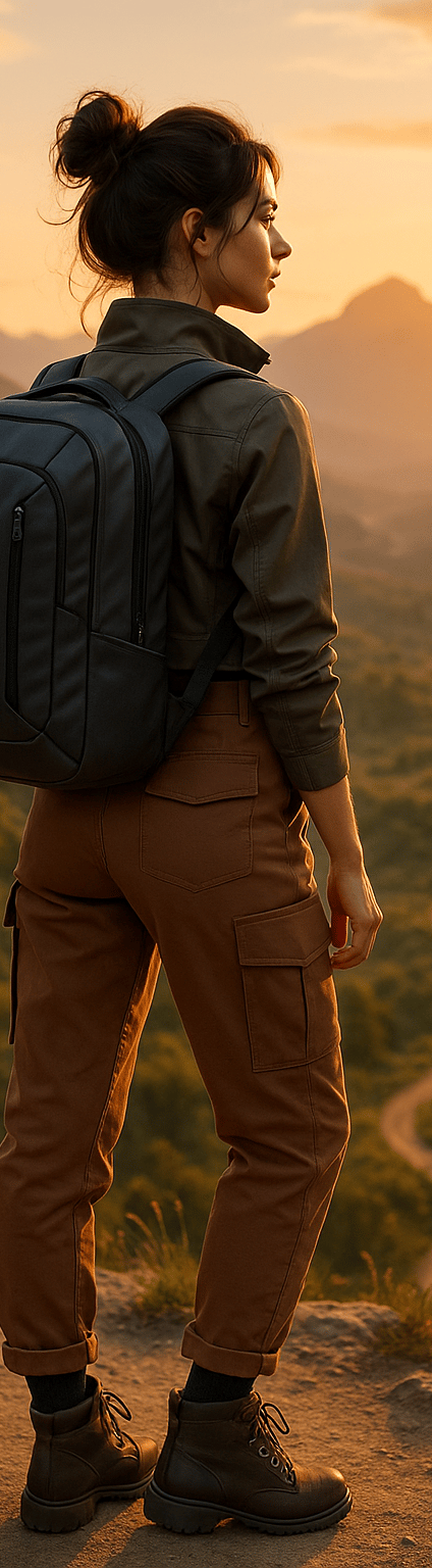 Stylish female backpacker at sunrise on a mountain overlook, wearing a modern travel backpack, trendy cargo pants, cropped ja
