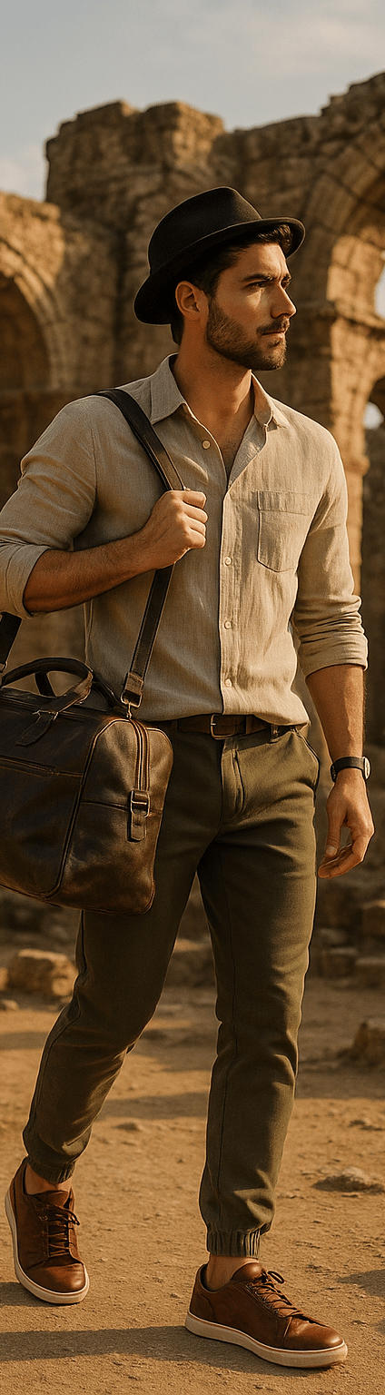 A stylish male traveler explores ancient ruins under a soft, golden afternoon light.