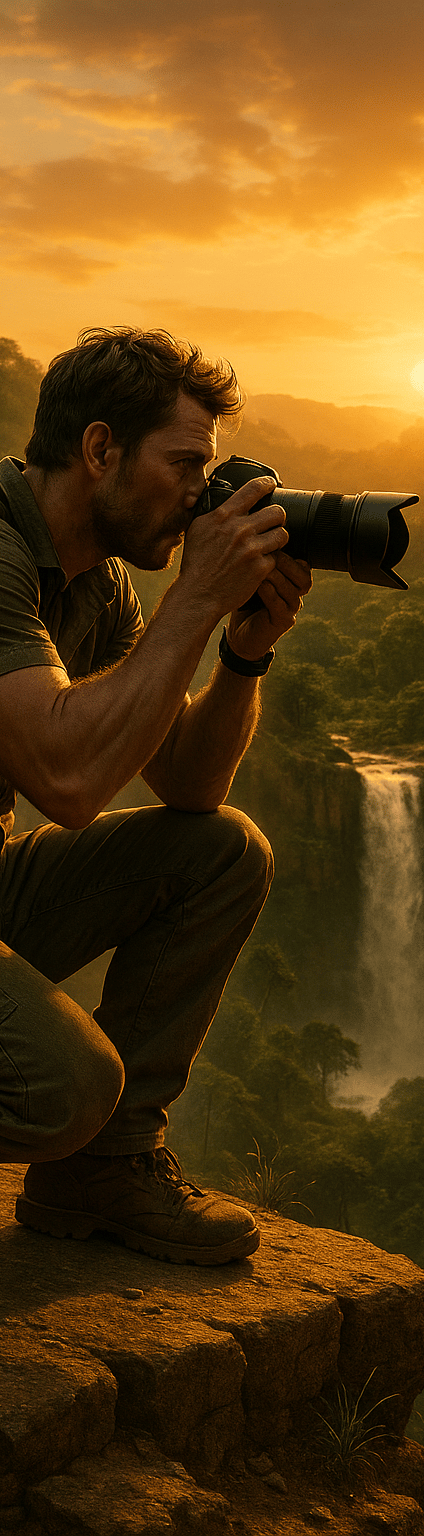 A rugged male traveler in his 30s, wearing a breathable tech shirt, cargo pants, and hiking boots, is crouched on a cliffside