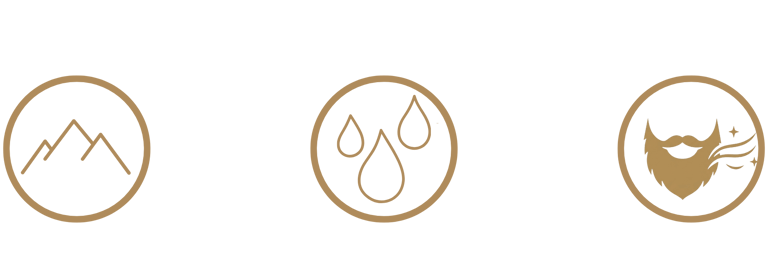 Gold grooming icons featuring mountain peaks, oil droplets, and a scented beard on a black background.