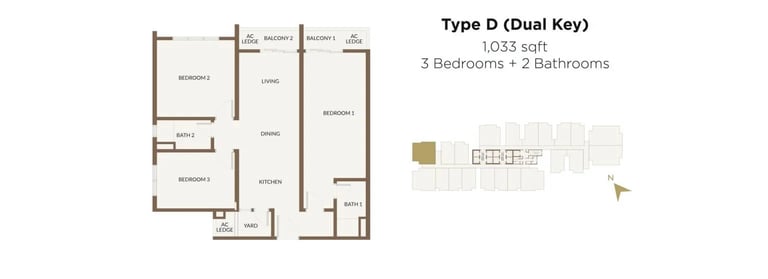 1033 square feet dual key 3 bedroom 2 balcony investment floor plan with 400m covered walkway to RTS Bukit Chagar