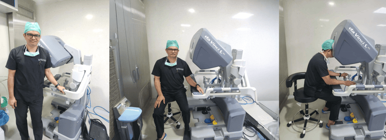 An image showing Dr. Vishal Khante with Da Vinci surgery robot