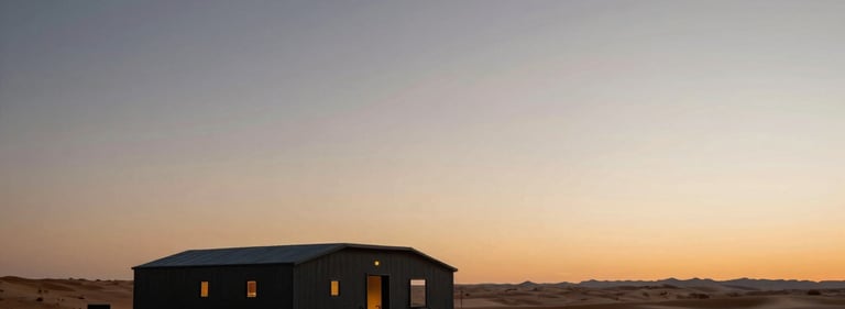 Wide landscape view of a digital desert at dusk with a minimalist research outpost. Architecture design meets game art. Deep slate shadows and warm horizon glow.