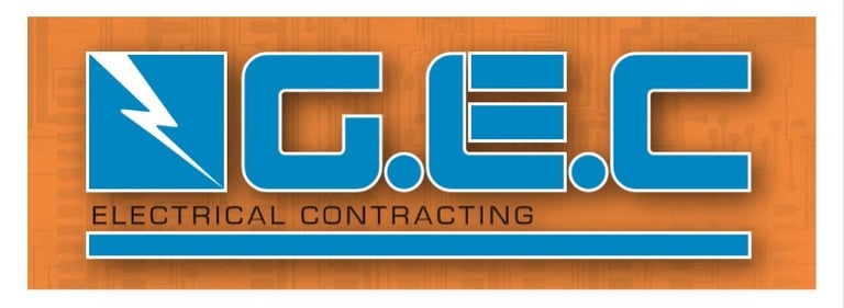 G.E.C. Electrical Contracting logo with a blue lightning bolt and text on an orange circuit background.