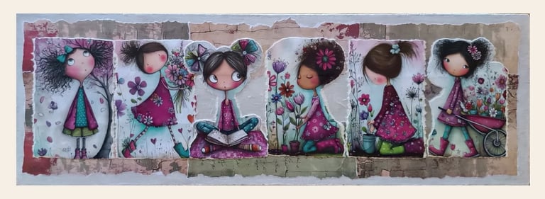 Quadretti artigianali per bambini: fermento a Guendalina. 6 bimbe create con ritagli artigianali su legno.